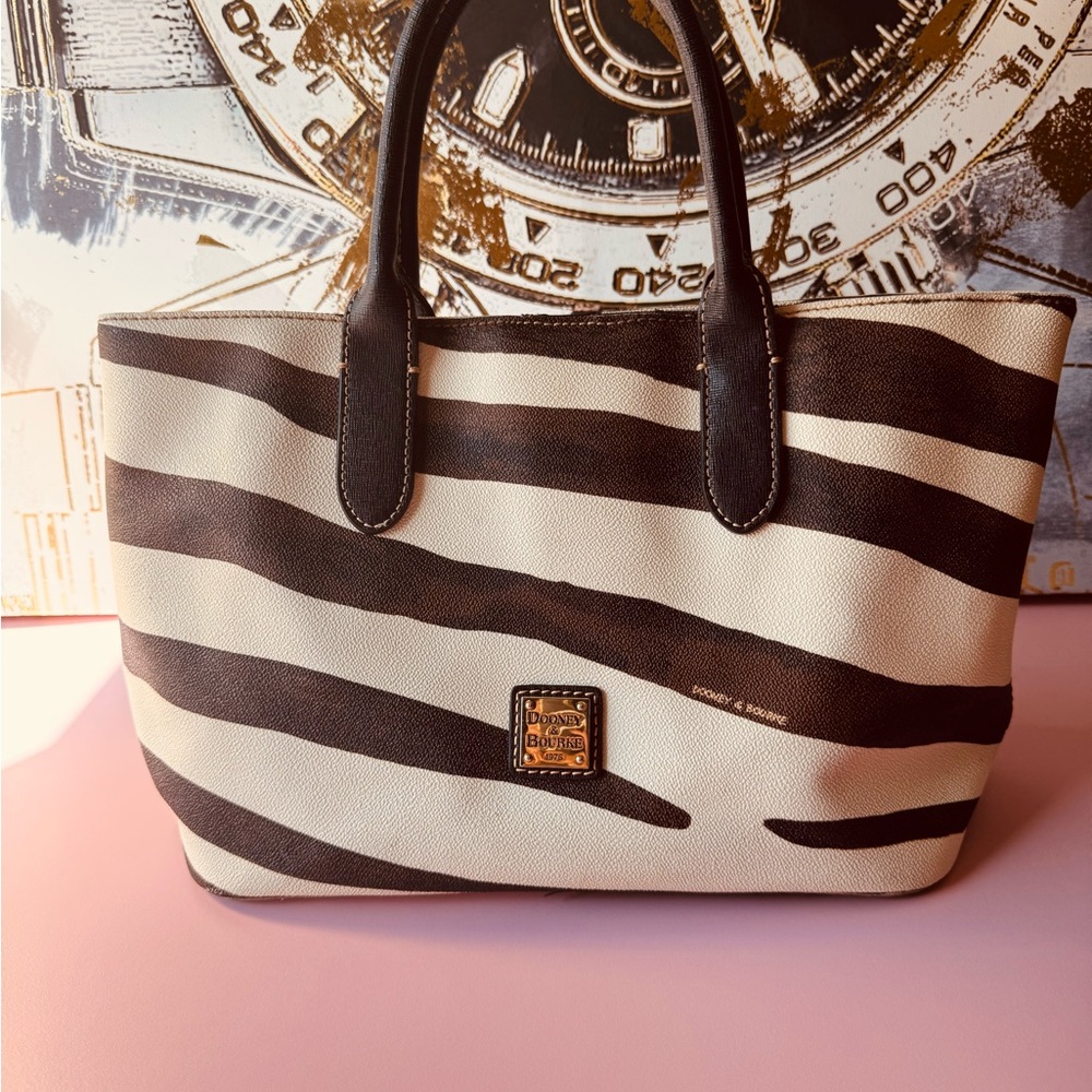 Dooney & Bourke Black and Cream Zebra-Stripe Leather Tote